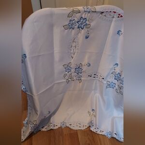 Bordado A Mao White Blue Floral Tablecloth 6 Napkins Cut Out Embroidery 48 Inch
